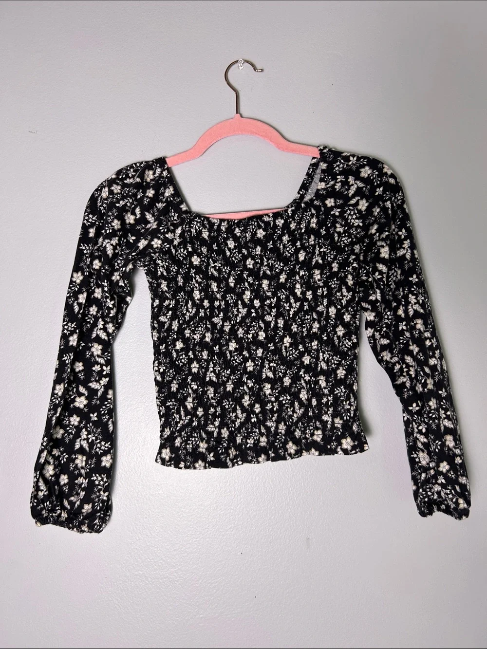 Old Navy Girls Black Floral Smocked Long-Sleeve Square Neck Top